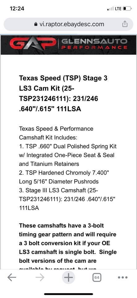 Texas Speed TSP Stage 4 LS3 Cam Kit – 235/248 .649/.615 111 LSA – F35 Spec – For Corvette & Performance Builds