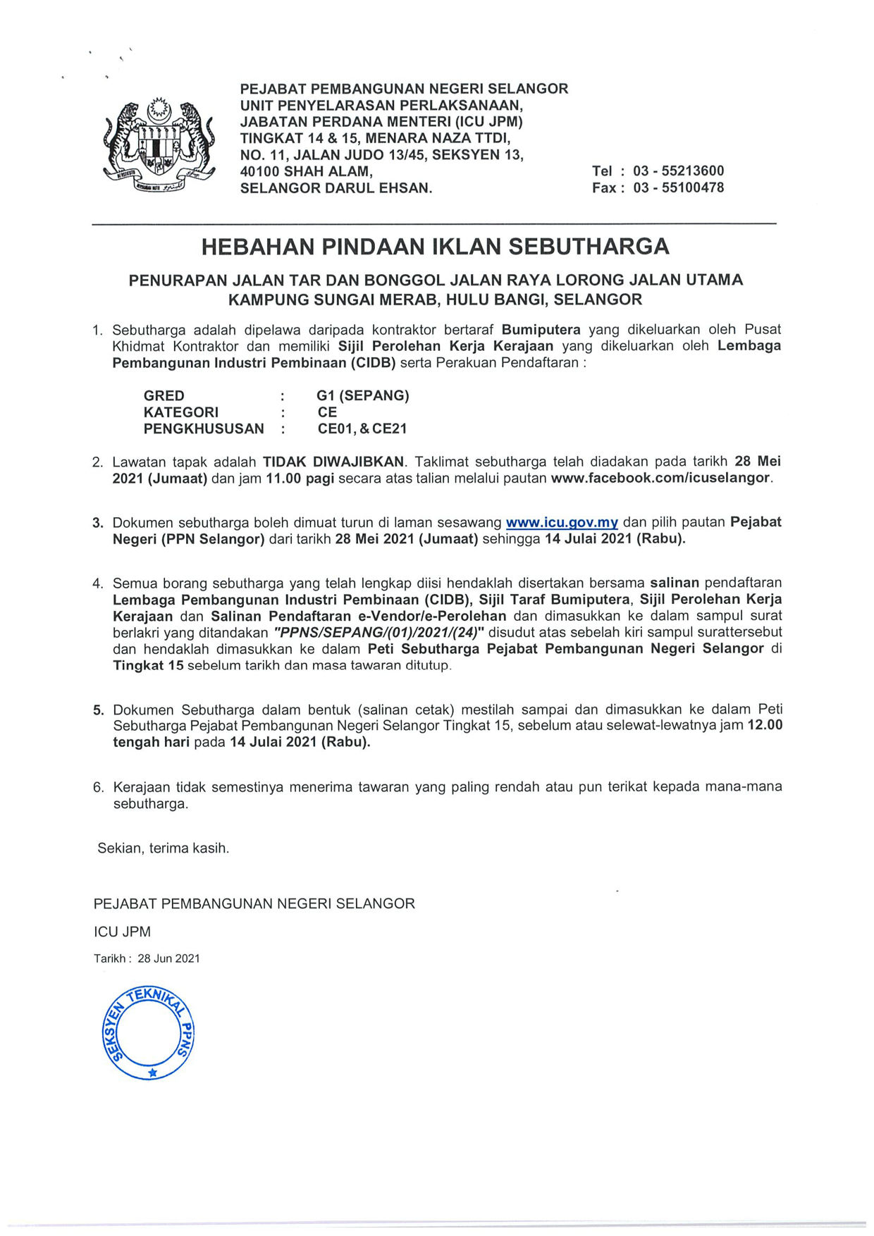 Pejabat Pembangunan Negeri Selangor Icu Jpm Hebahan Pindaan Iklan Sebutharga 3 Tajuk Kerja Penurapan Jalan Tar Dan Bonggol Jalan Raya Lorong Jalan Utama Kampung Sungai Merab Hulu Bangi Selangor Facebook