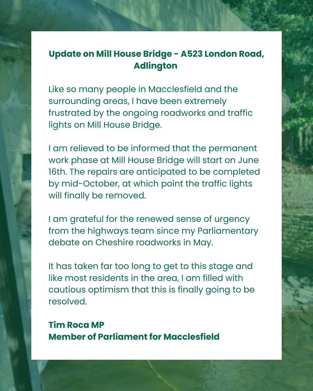 Tim - Please see a statement regarding the ongoing roadworks and ...