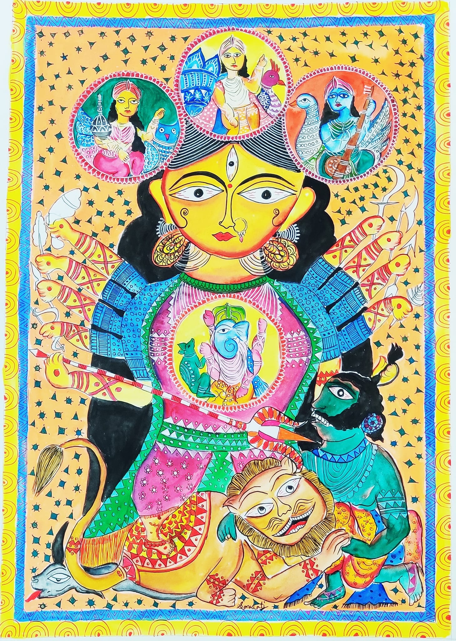 Kalighat painting of Maa Durga in acrylic