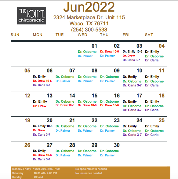 Here is the doctor schedule for... - The Joint Chiropractic