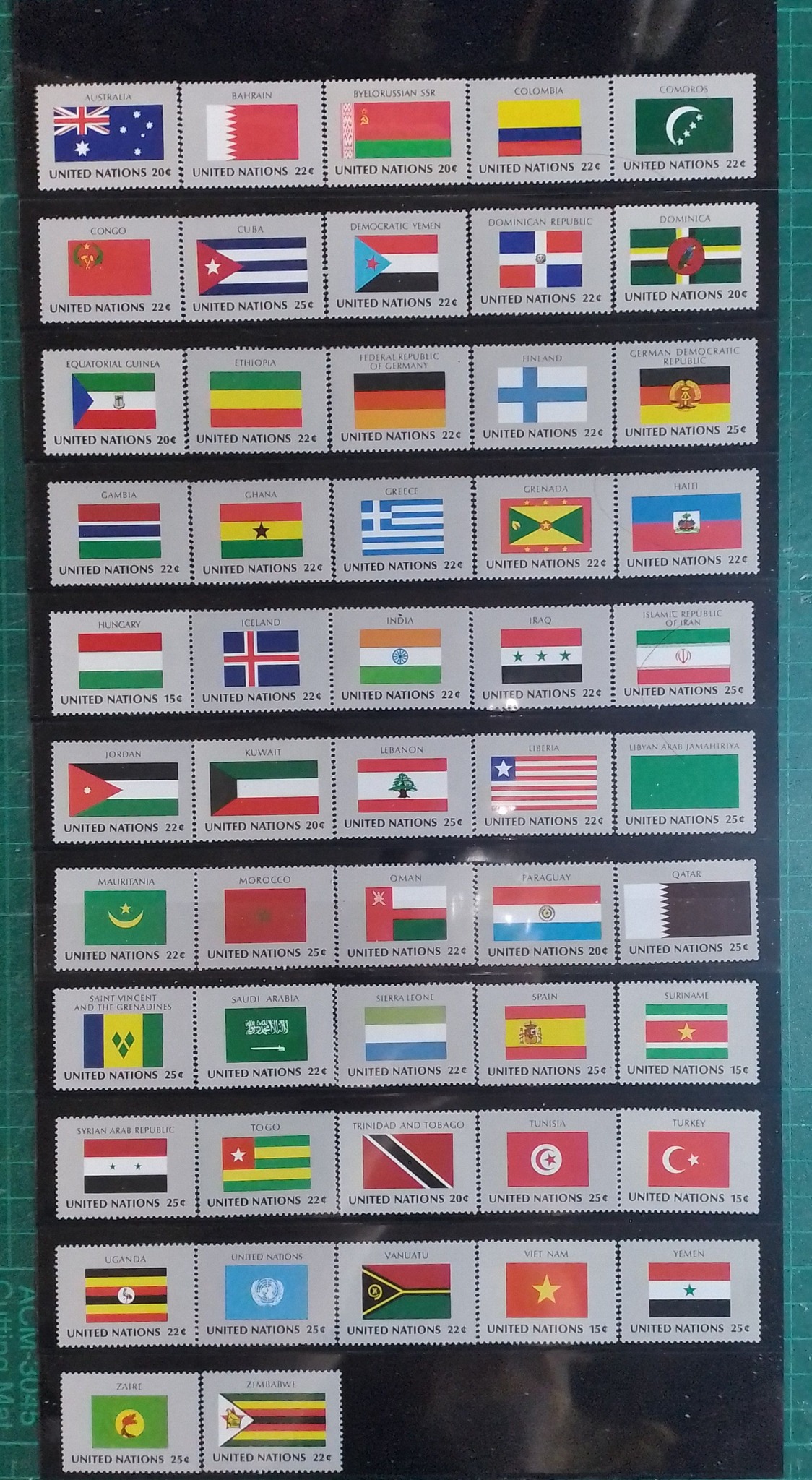 UN issued stamps for flags of its countries members from 1980