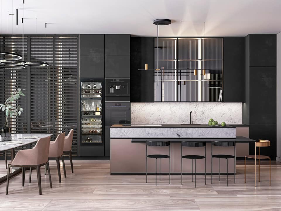 A gold stool joins three... - Sketchers Den Interior Design