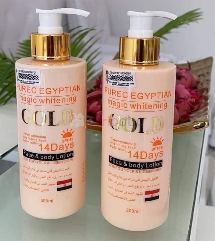 Purec Egyptian Magic Whitening Gold Lotion The best quality whitening lotion that helps in facial treatments like blemish, burns, age spots and pimples defense with Egg Yolk & L-Glutathione. It gives a