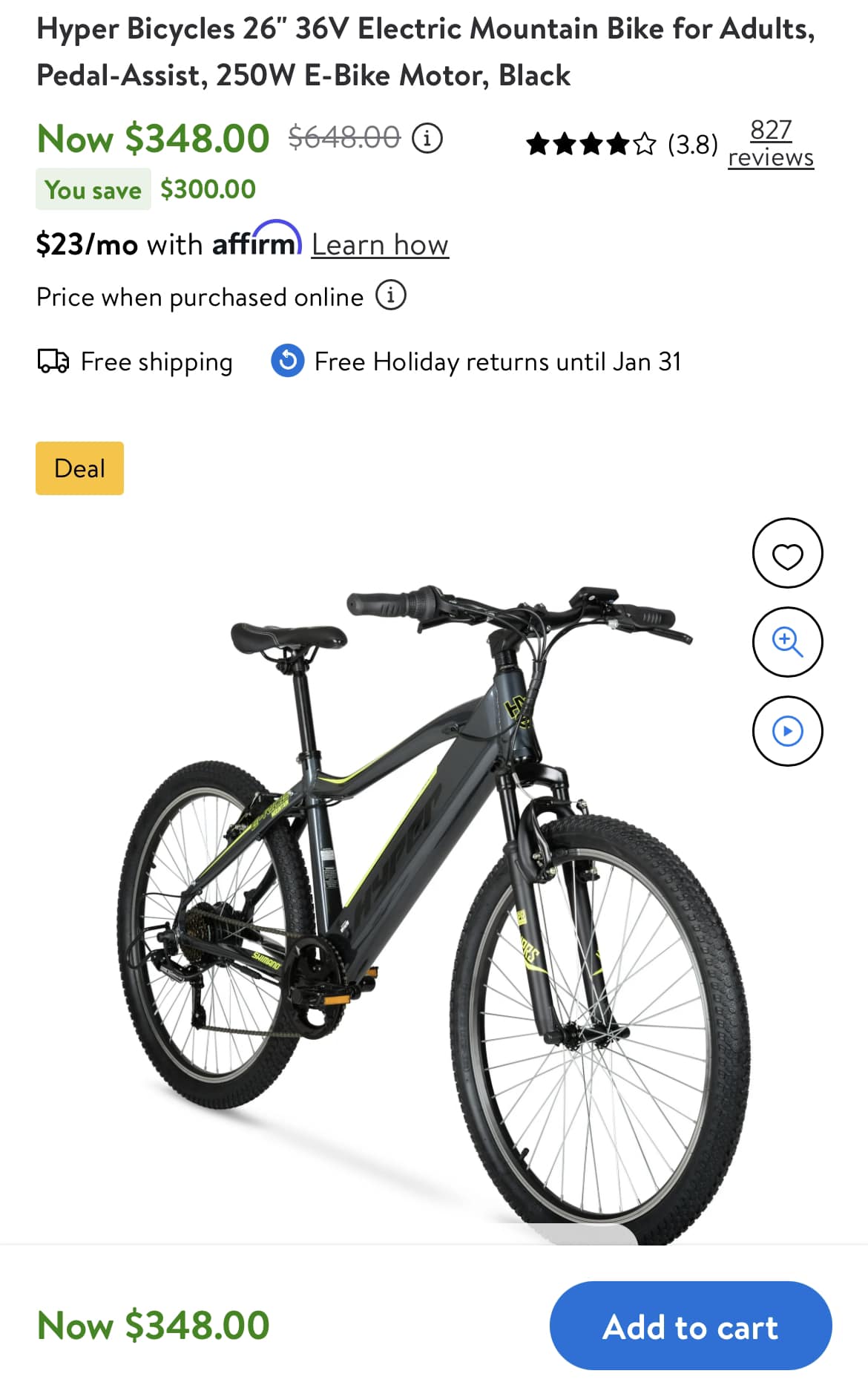 hyper bicycles 26 36v electric mountain bike E-Ride Pedal Assist Men's Cruiser Bike, 26
