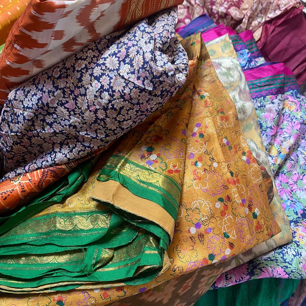 Recycling Indian silk sarees for kaftan sewing