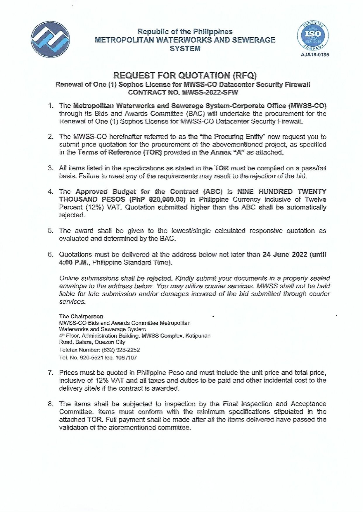 Request For Quotation – Renewal of One (1) Sophos License for MWSS-CO ...