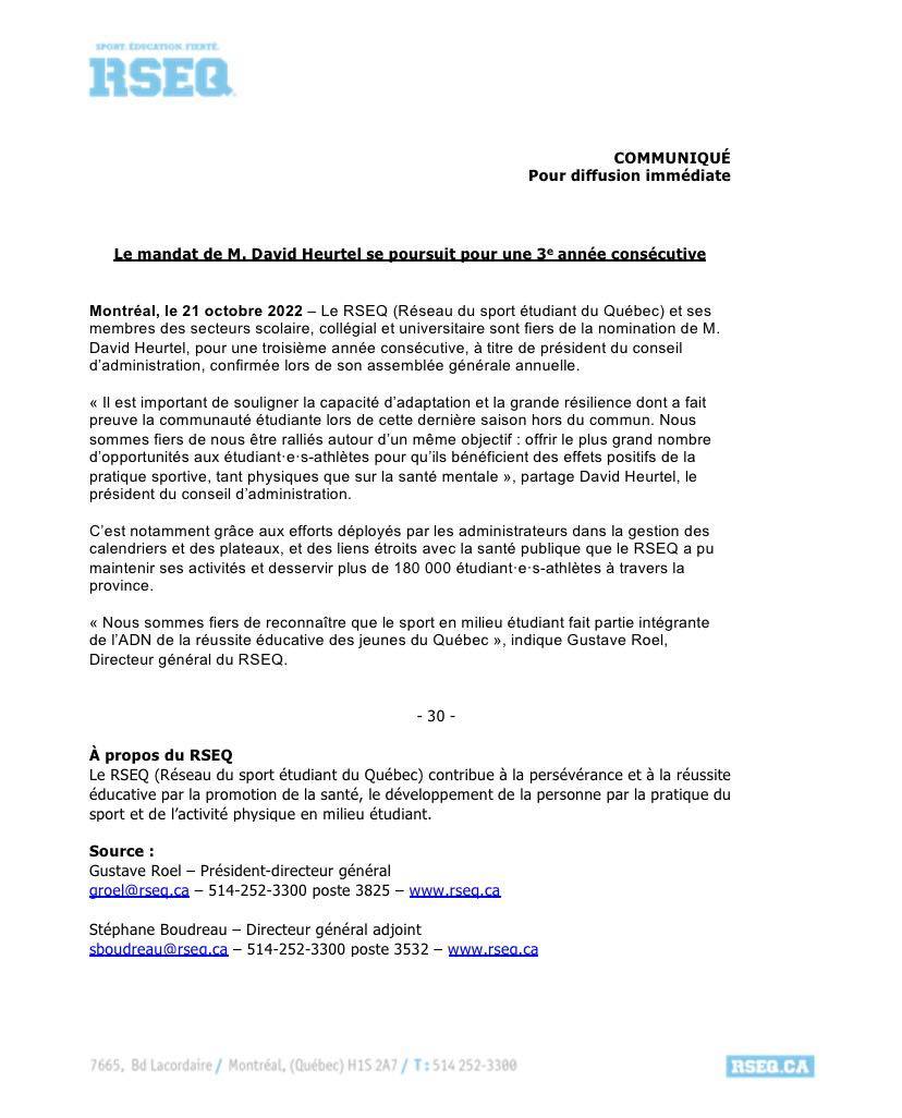 RSEQ - Le mandat de M. David Heurtel se poursuit pour une...