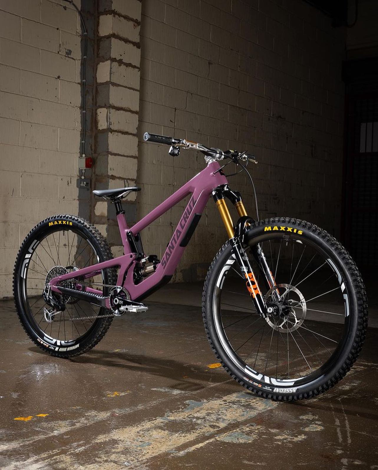 Custom Santa Cruz Megatower bike in gloss purple and rhodium silver