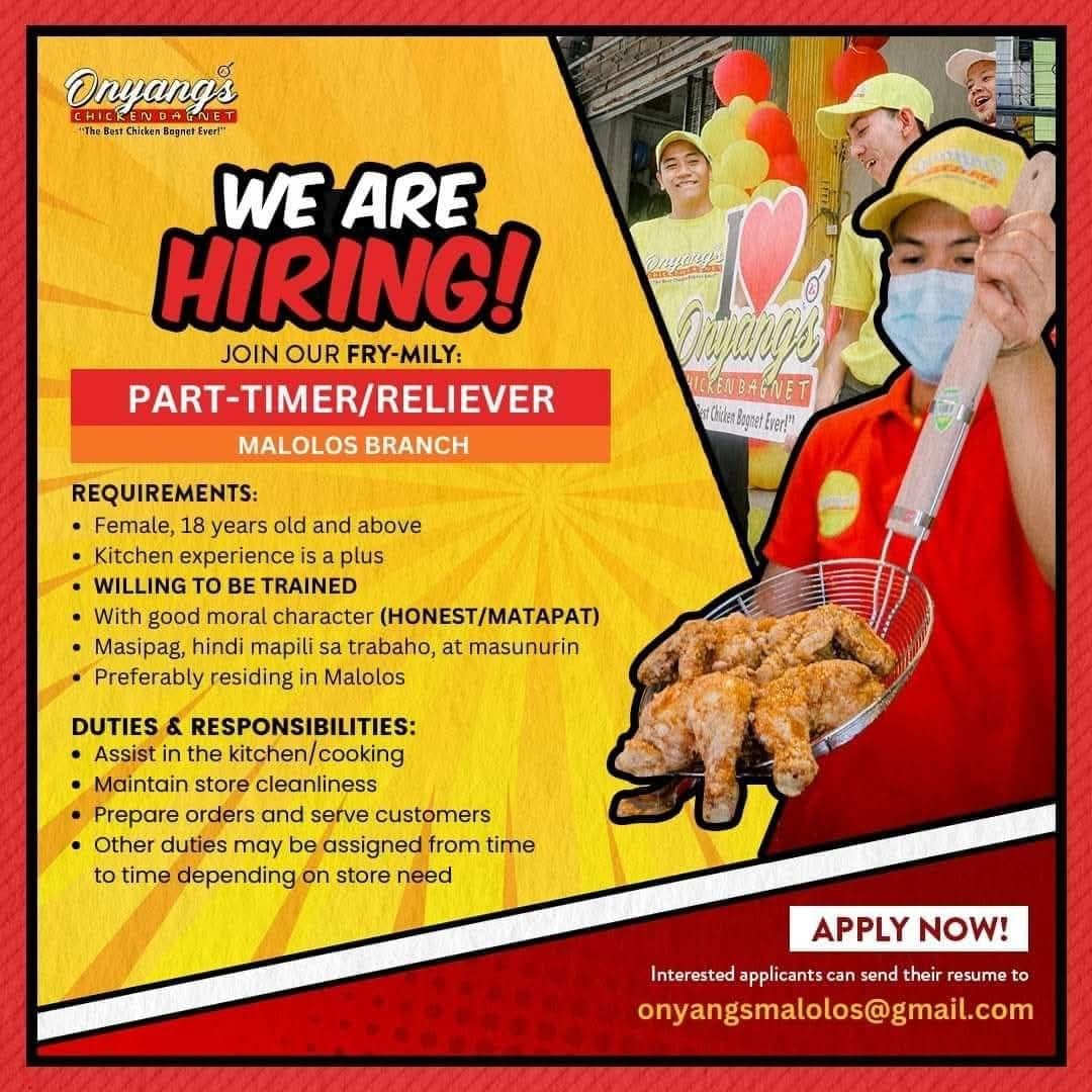 Onyangs - WE ARE HIRING! (ON-CALL RELIEVER) REQUIREMENTS: - Female, 18 ...