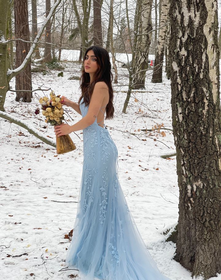 zapaka formal dresses Memaid Blue Long Prom Dress with Appliques gold formal dress for wedding