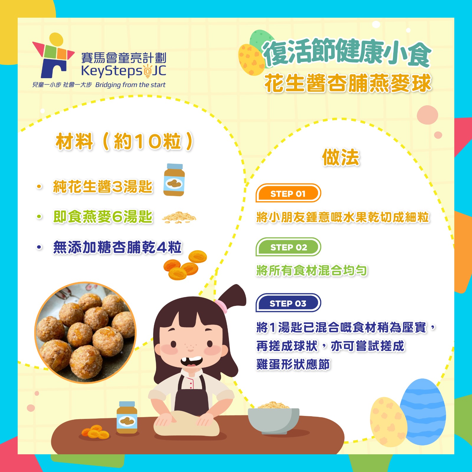 KeySteps at JC 賽馬會童亮計劃 - 【#童亮健康資訊 — 健康小食 - 花生醬杏脯燕麥球🍴 】 復活節好多人都 會諗起朱古力復活 ...