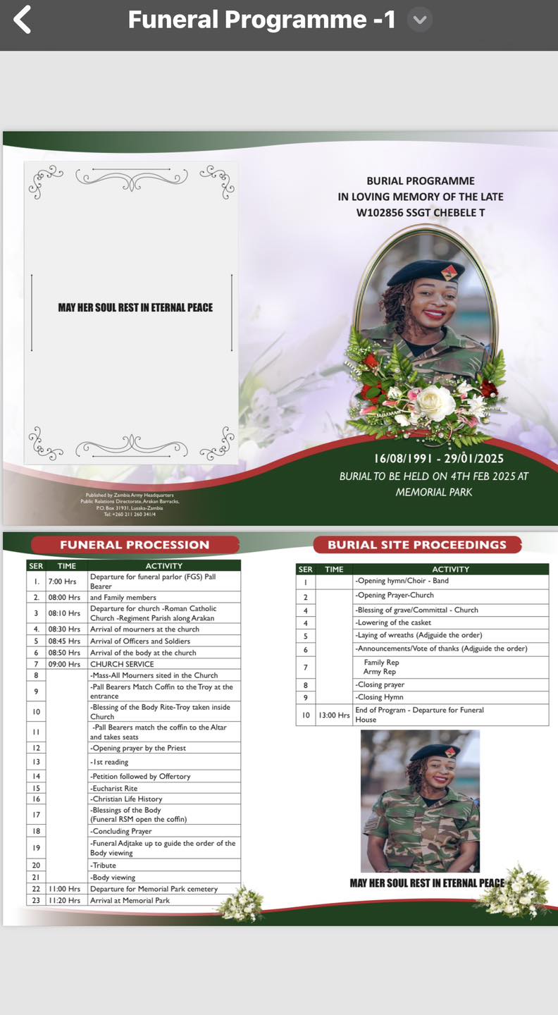 The Zambia Army - Burial Programme For The Late Staff Sergeant Chebele ...