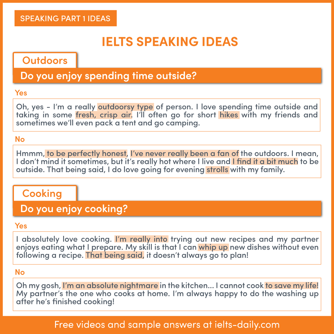 IELTS Daily - OUTDOORS / COOKING - Speaking Part 1 Ideas...