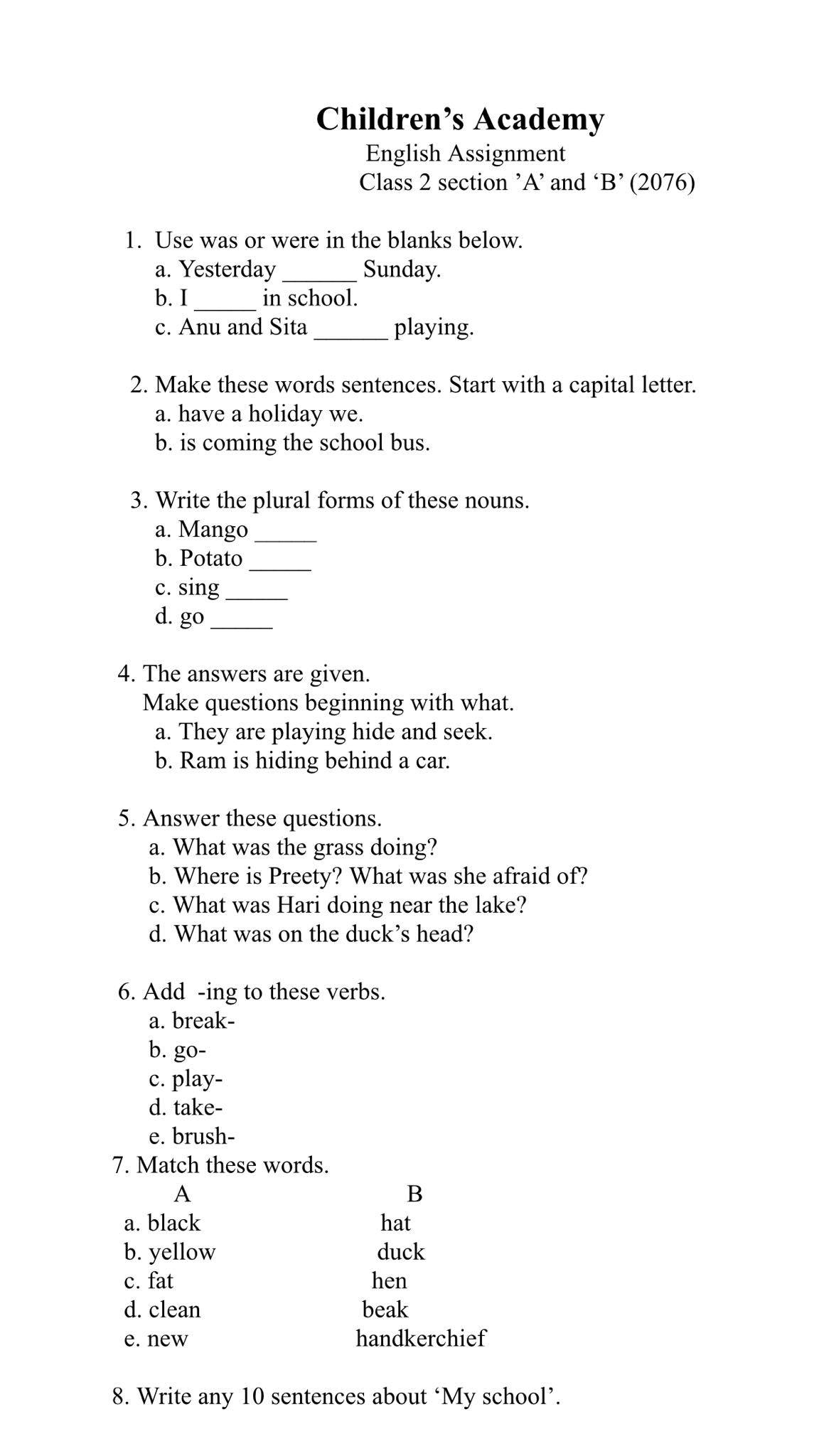 Assignments for Class 2 Section ‘A’... - Children's Academy