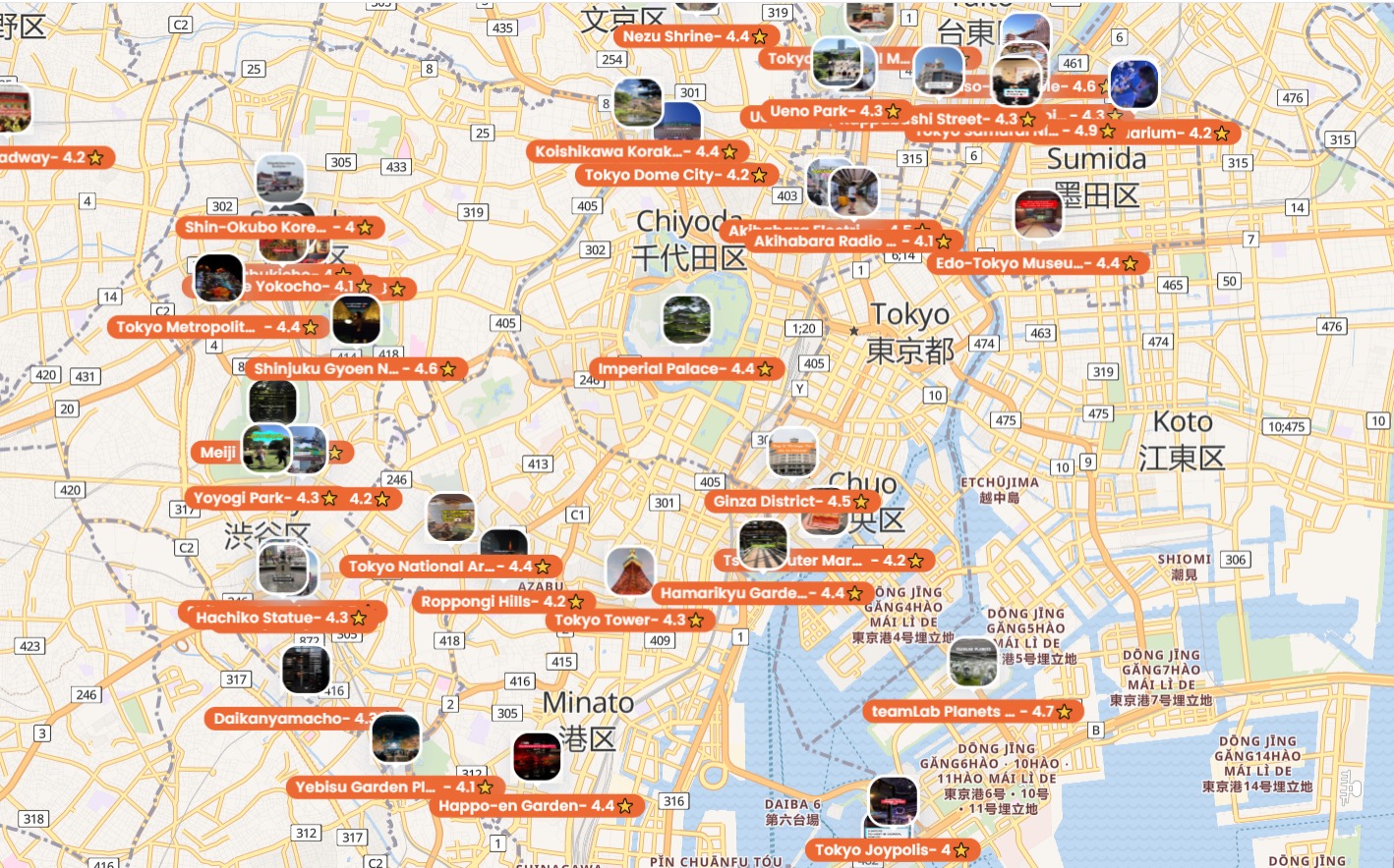 Map of top 50 activities in Tokyo