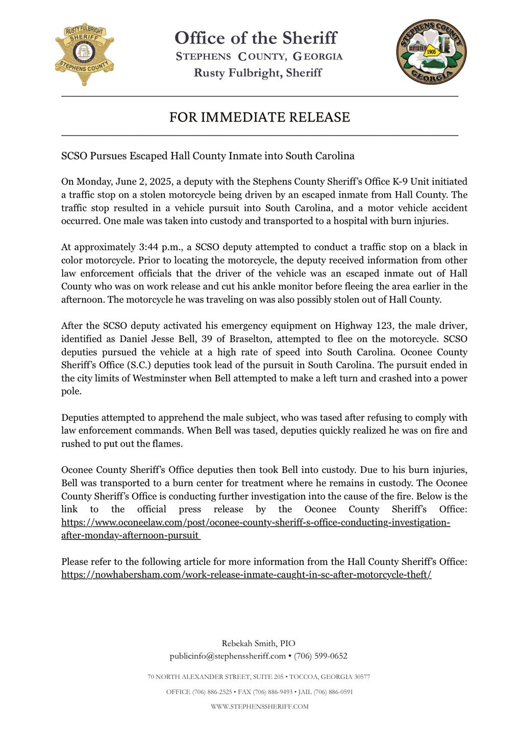 Stephens - SCSO Pursues Escaped Hall County Inmate into South Carolina ...