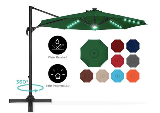 10ft solar led lighted patio umbrella w tilt adjustment Best Choice Products Polyester w/Tilt and UV-Resistant Fabric assisted crank opens and closes the umbrella while a push Best Choice Products 10ft Solar
