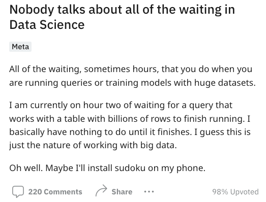 data science 領域的工作日常之一就是無止盡的等待... - 矽谷輕鬆談 Just Kidding Tech | Facebook