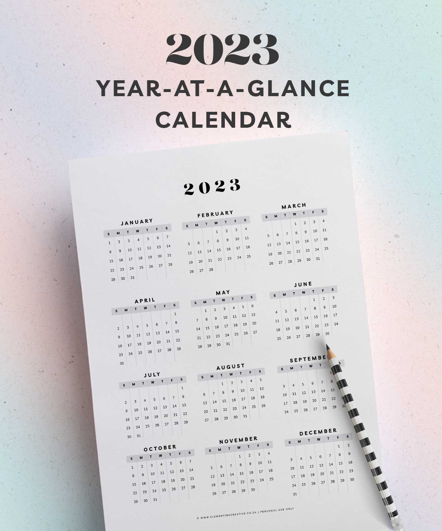 Clementine Creative - Free Printable 2023 Year-at-a-Glance Calendar ...