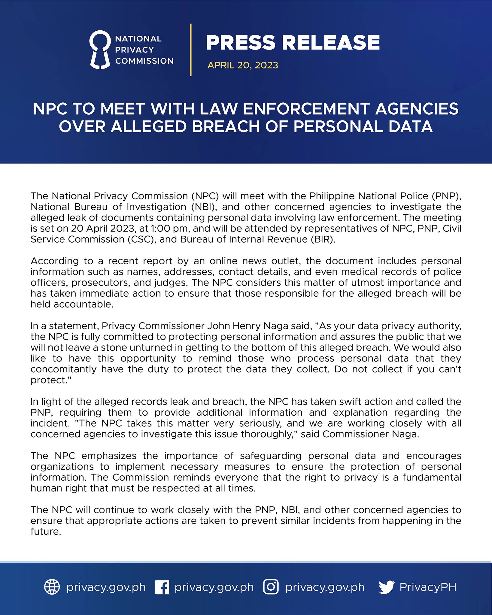 𝗣𝗥𝗘𝗦𝗦 𝗥𝗘𝗟𝗘𝗔𝗦𝗘 𝗡𝗣𝗖 𝘁𝗼 𝗠𝗲𝗲𝘁... - National Privacy Commission | Facebook