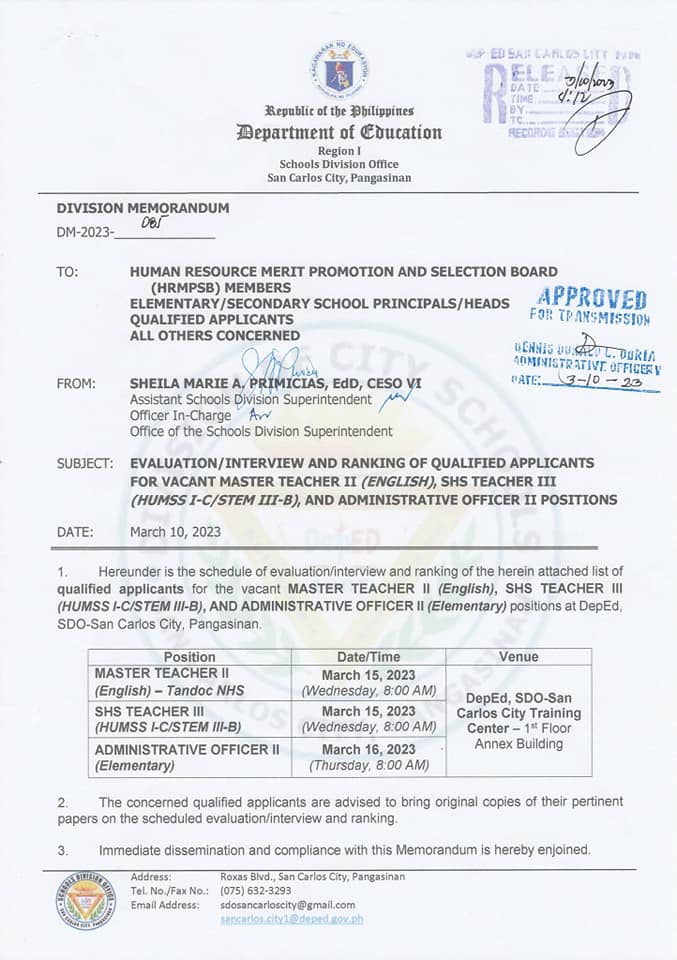 DIVISION MEMORANDUM DM-2023-085 EVALUATION/INTERVIEW AND RANKING OF ...