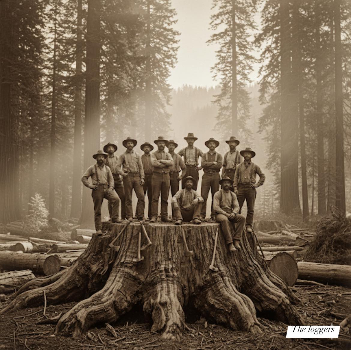 The Loggers - 19th century loggers standing on a giant redwood stump—a ...