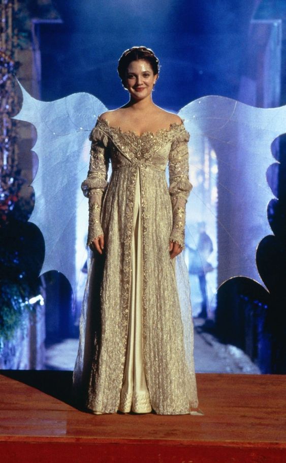 drew barrymore gold dress in perfect Cinderella gown ever after red dress