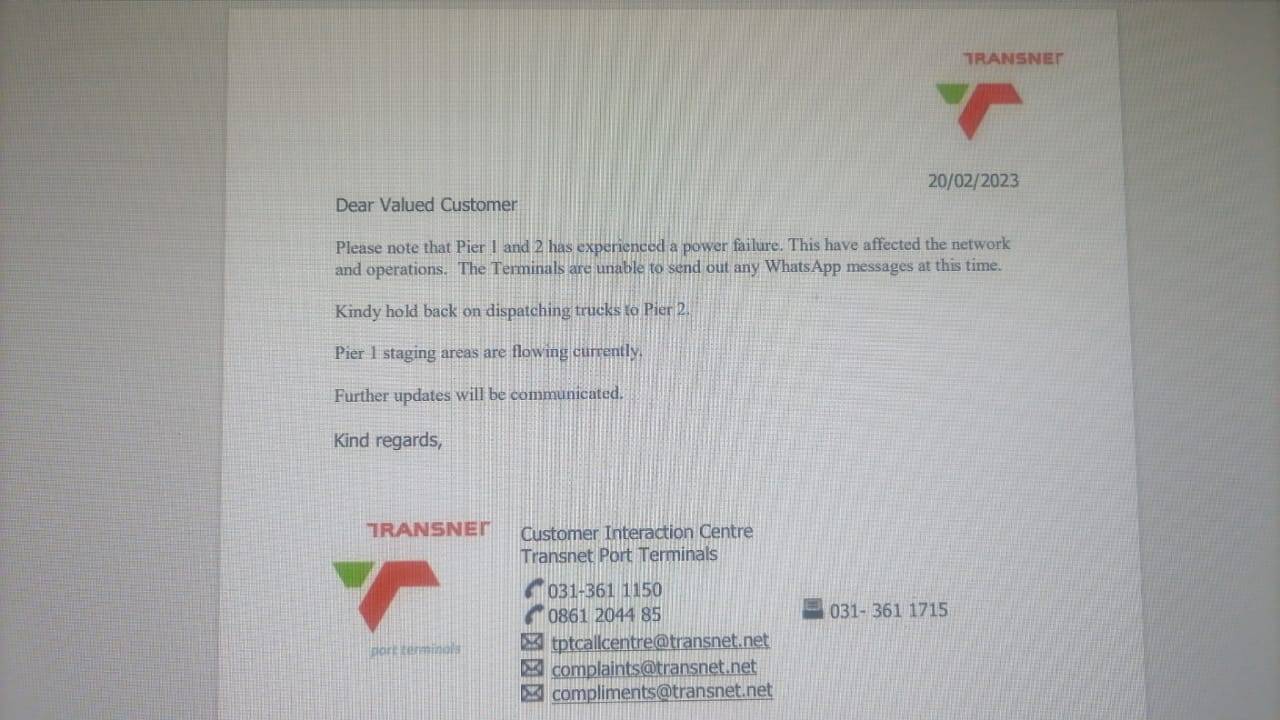 SA Trucker - Message from Transnet Pier 1 & 2 Dear Valued Customer ...