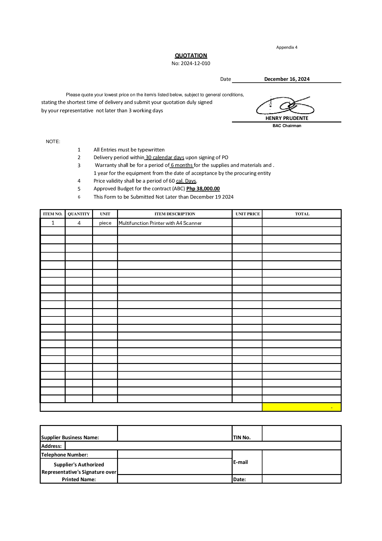 REQUEST FOR QUOTATION Good Day!!! Timalan Hillsview IS desires to ...