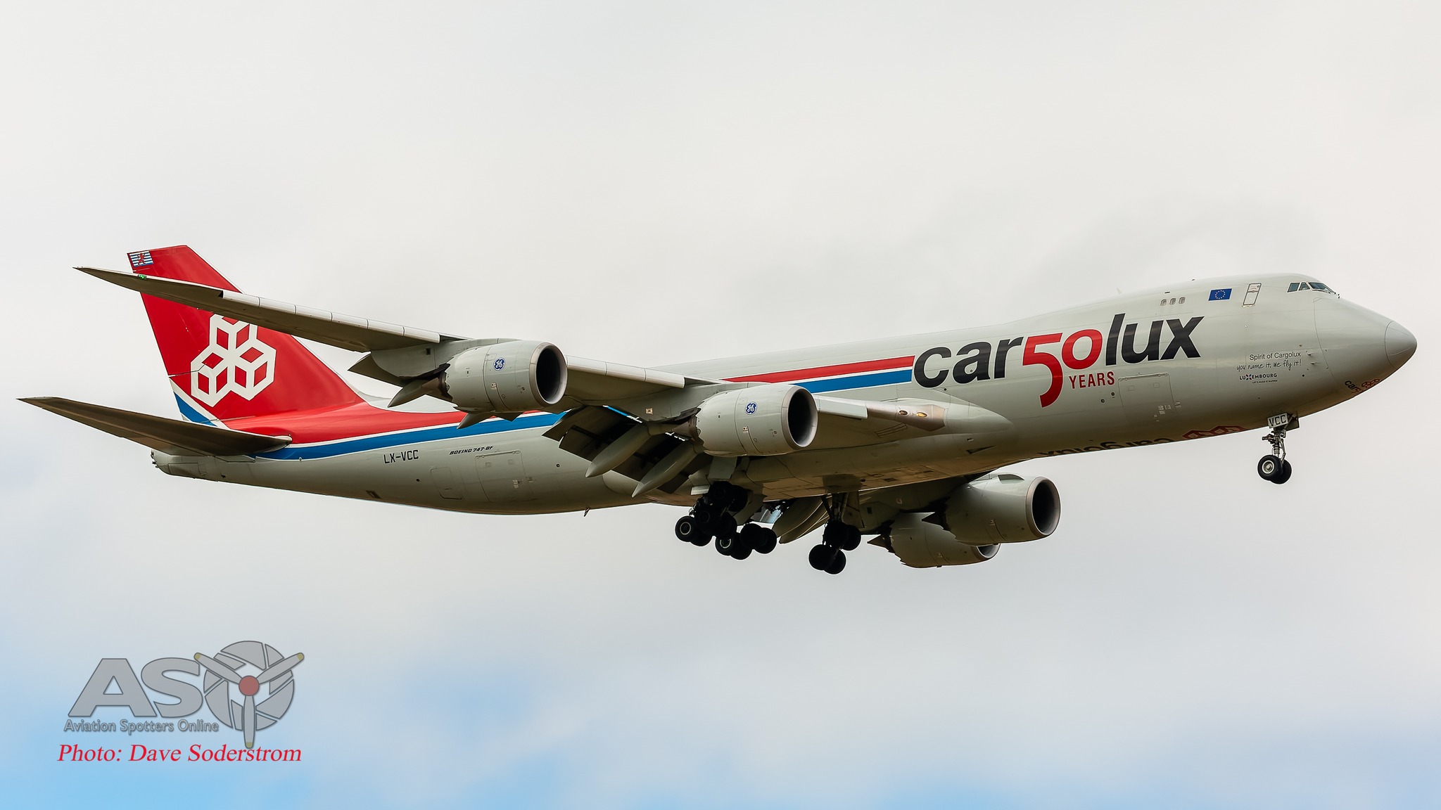 Cargolux Boeing 747-8F in 50 years livery arrives in Bangor, ME