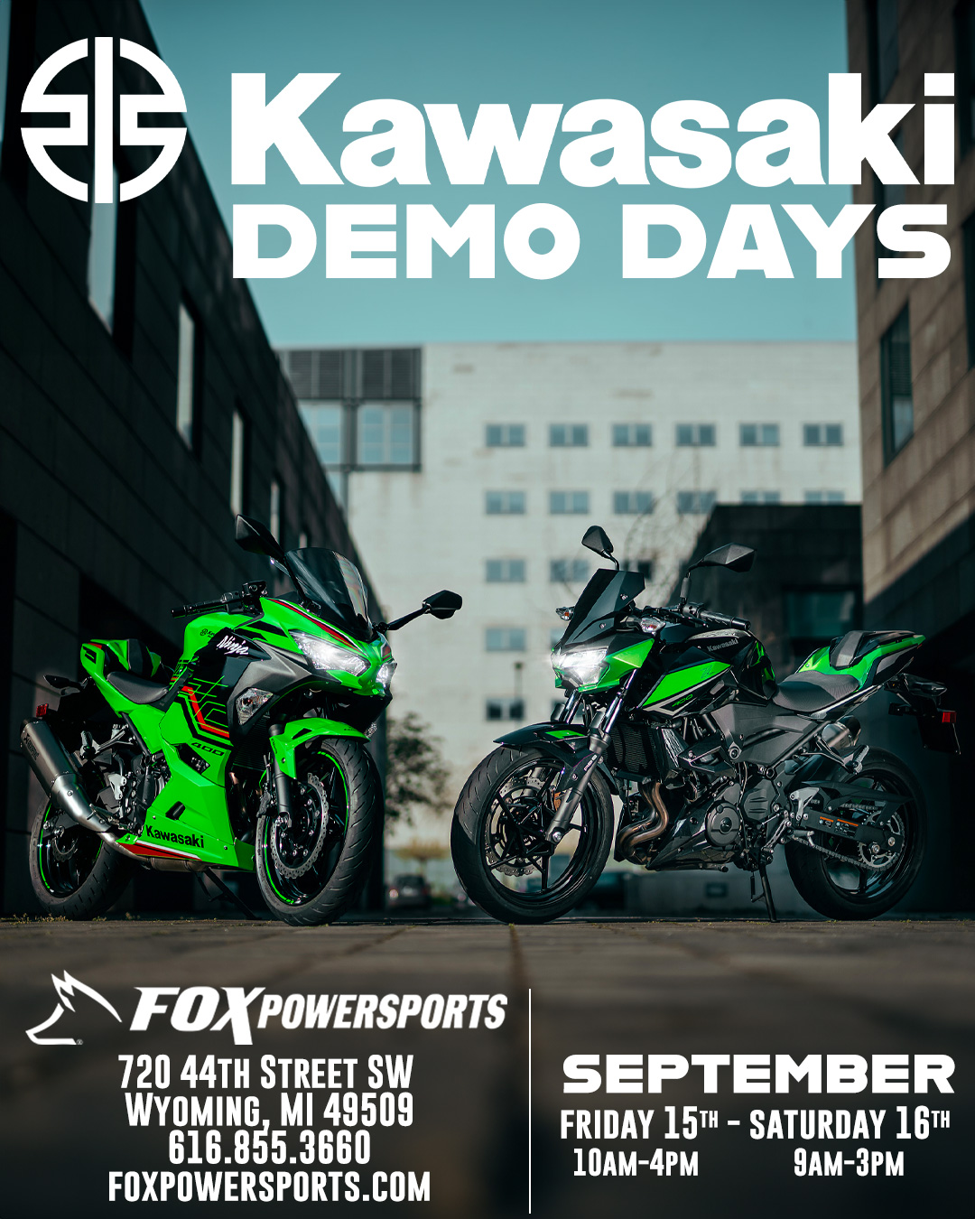 THE KAWASAKI DEMO DAY IS NOW!! Today and tomorrow from 10am-4pm