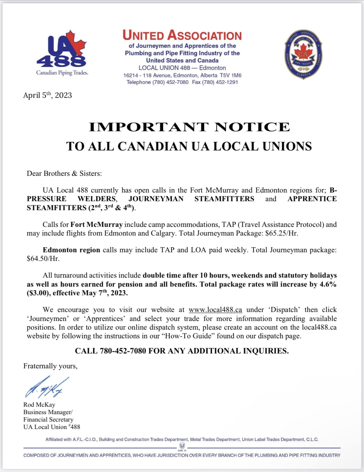 UA Canada - UA Local 488 currently has open calls in the Fort McMurray ...