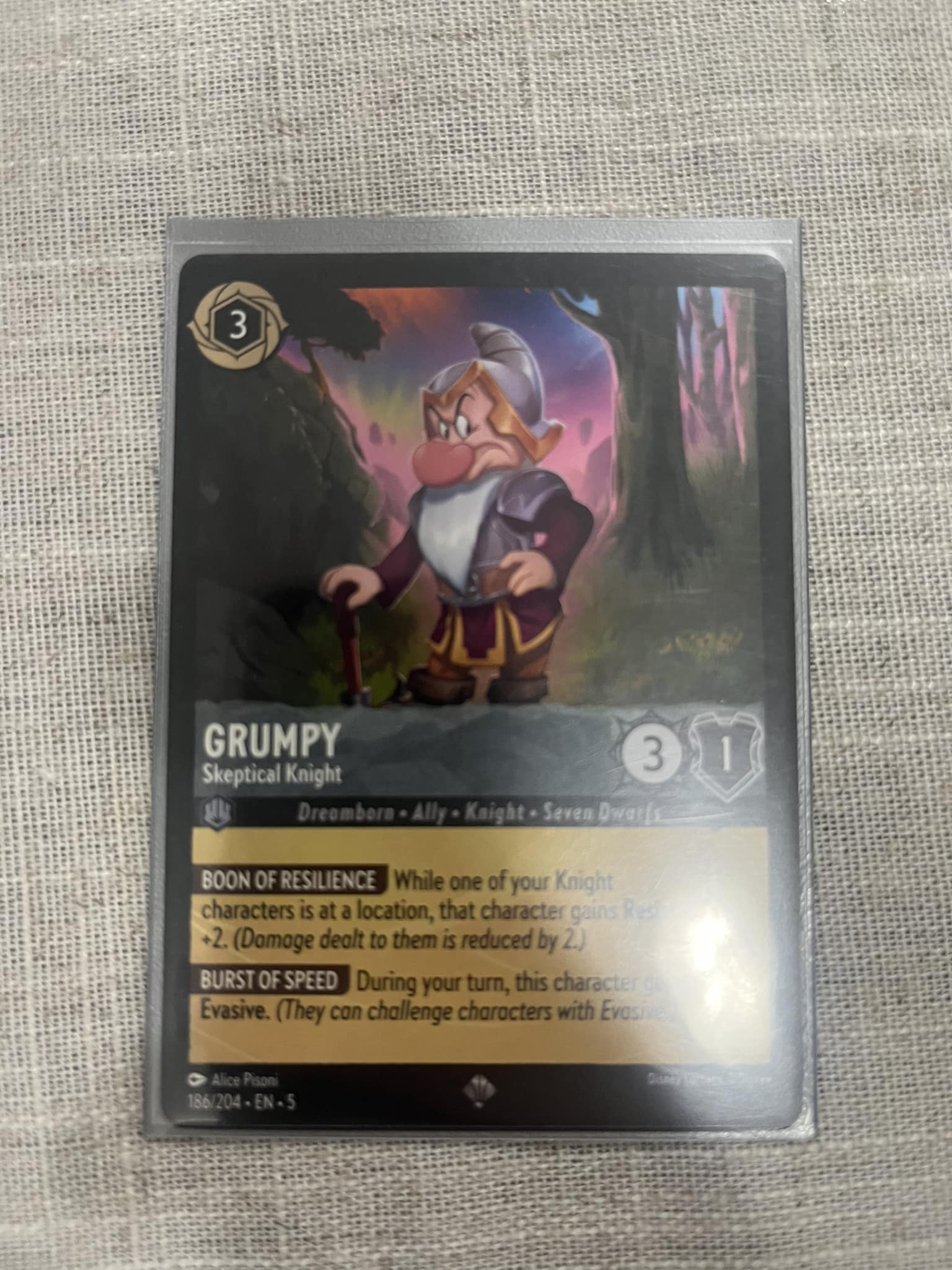 lorcana knight cards - Shimmering Skies - Dopey - Apprentice (Common) variation to centering Disney Lorcana TCG Snow White