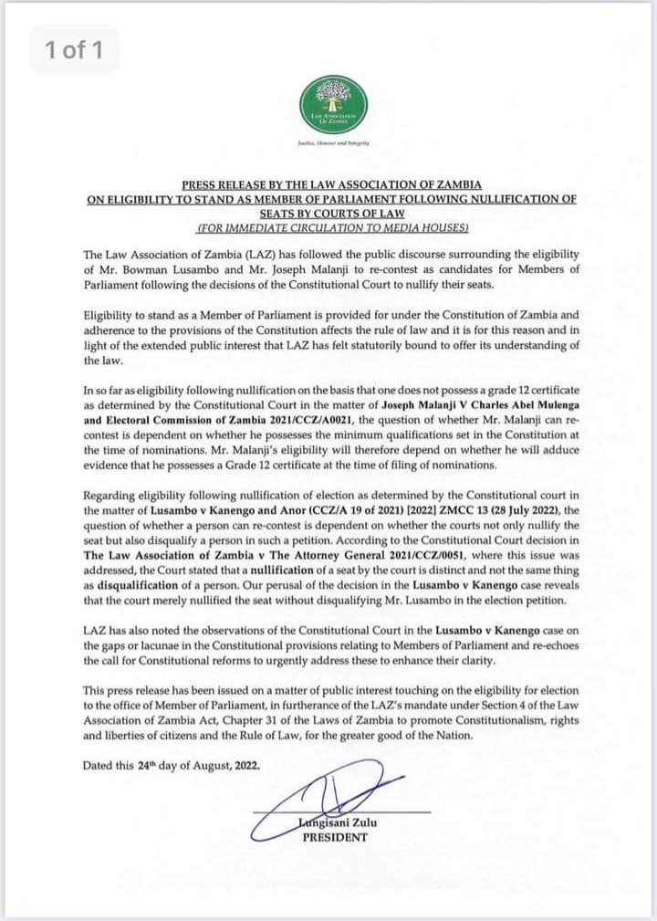 Tikambeko News - LAW ASSOCIATION OF ZAMBIA STATEMENT OF... | Facebook