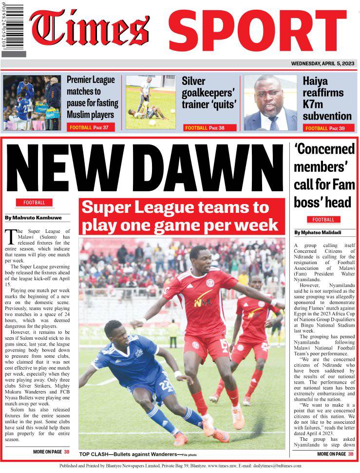 #TheDailyTimes back page: The Super League of Malawi (Sulom) has ...