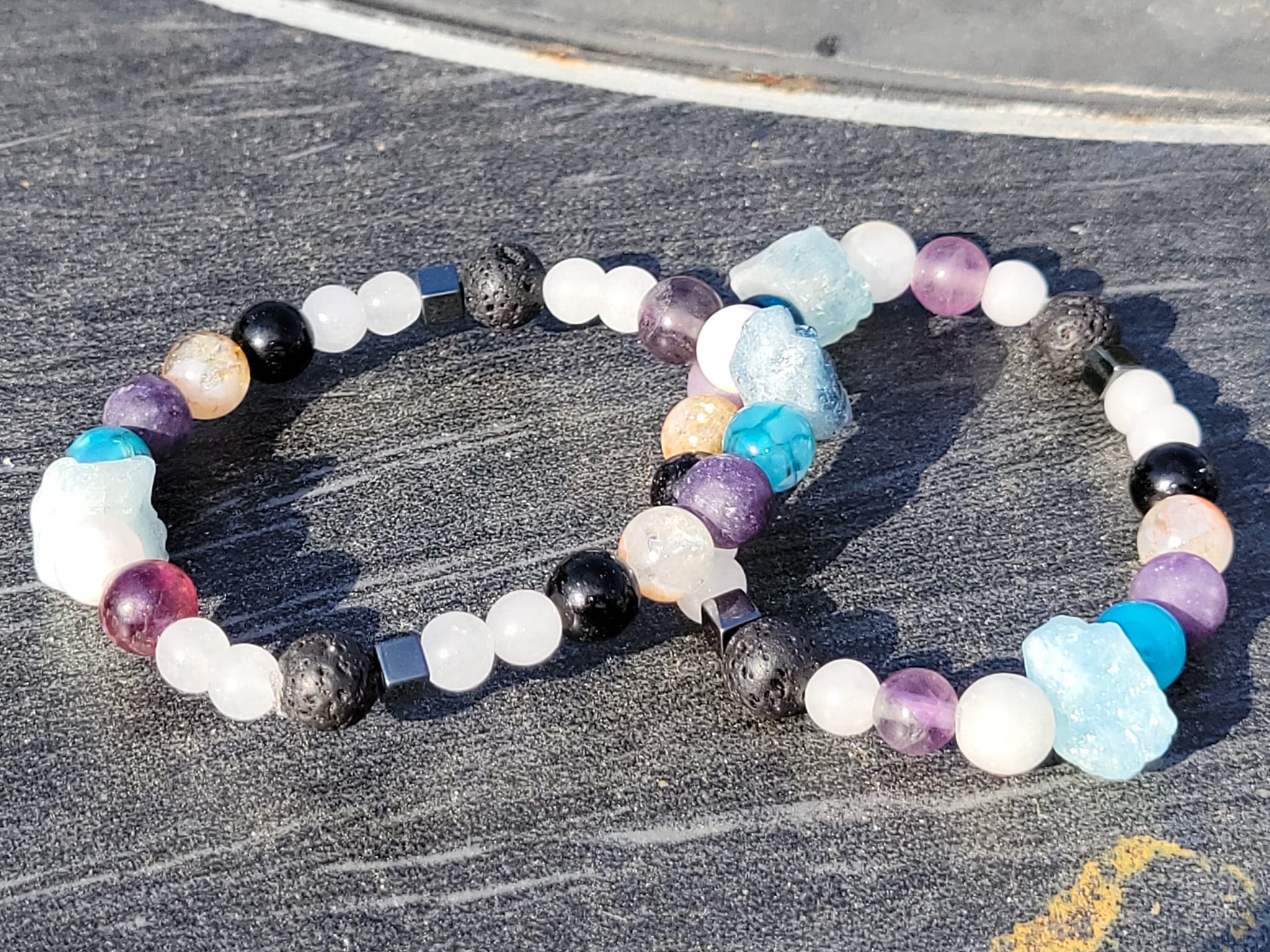 Belons Couple Stretch Bracelet Set - 10mm White Howlite & Black Agate Beads, Healing Stone Jewelry