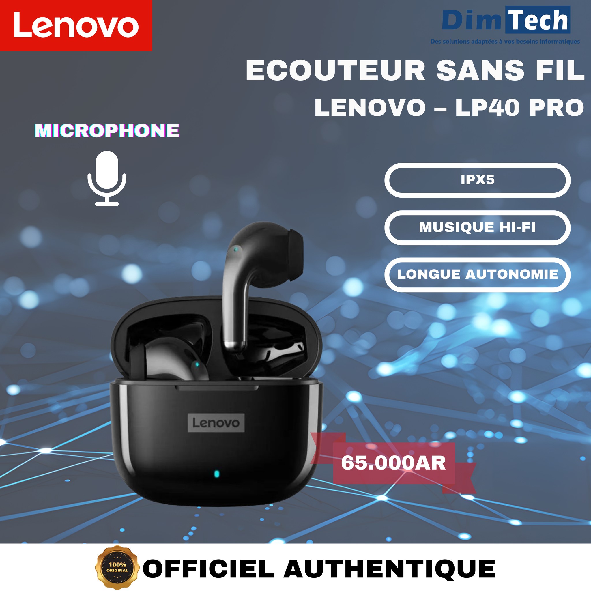 DimTech - LENOVO -LP40 PRO ECOUTEUR SANS FIL 65,000AR - Matériau ...