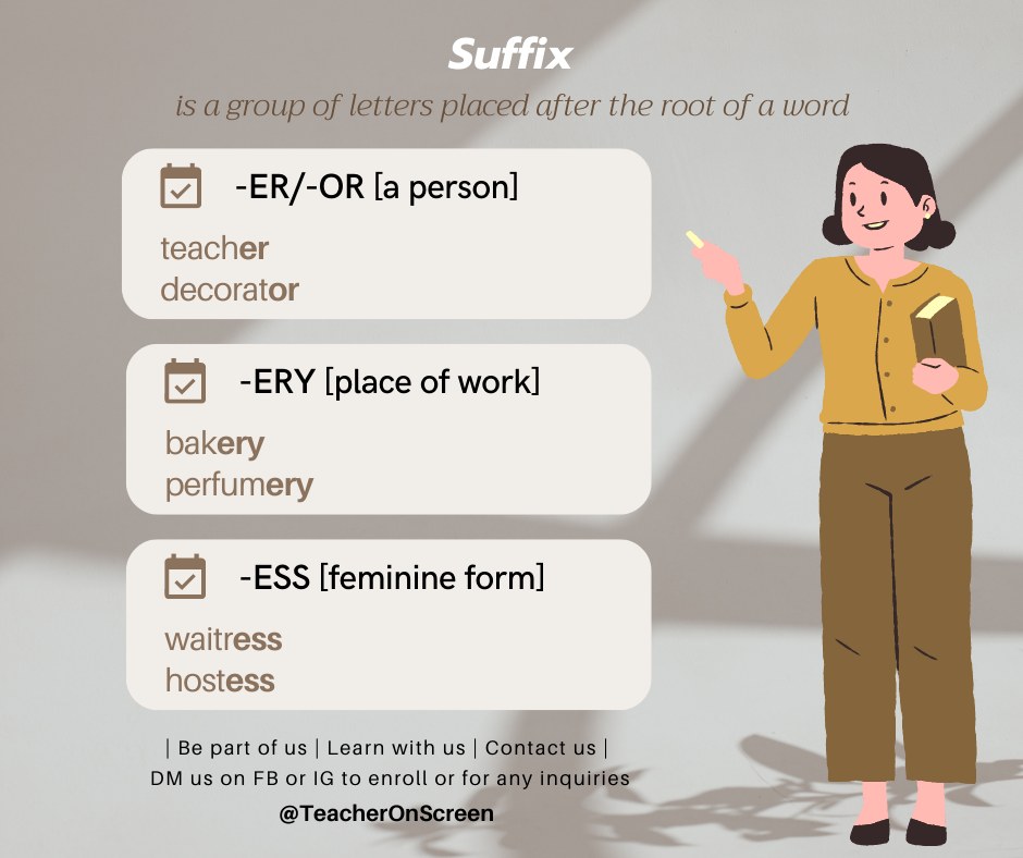 Suffix! -er/-or, -ery, -ess 🙌 📝... - Teacher On Screen