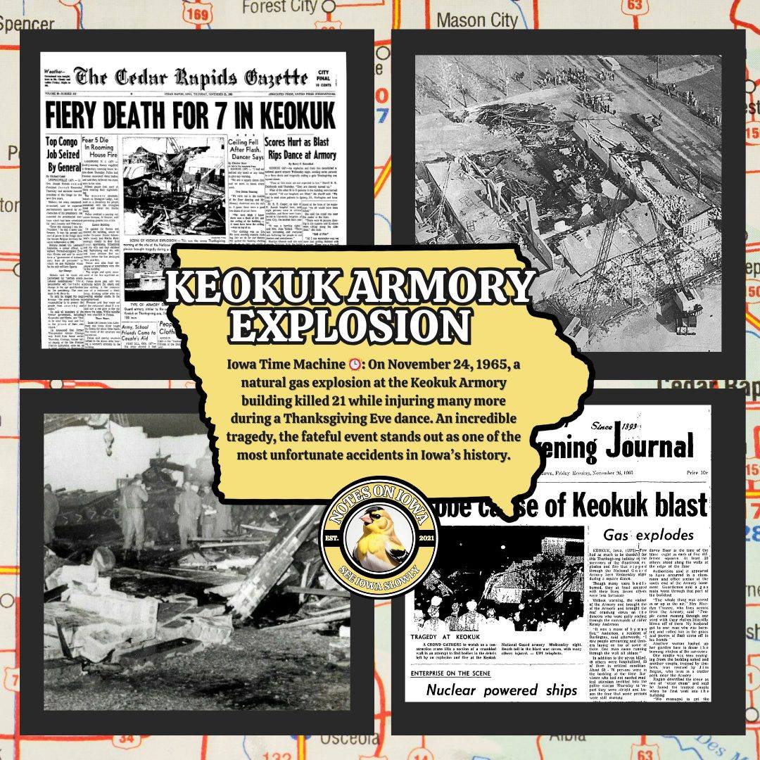 Iowa's Keokuk armory gas explosion kills 21 on November 24, 1965