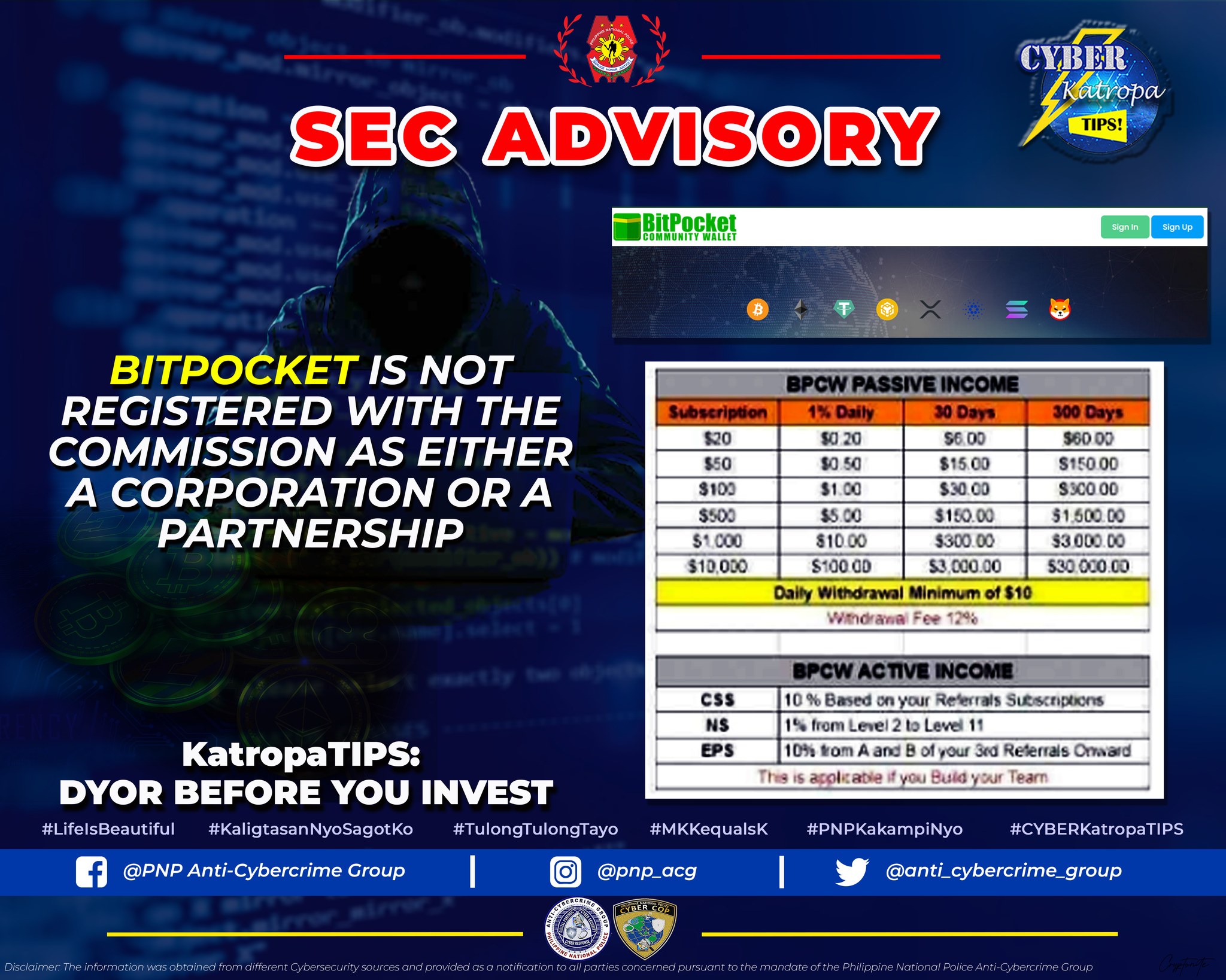 PNP Anti-Cybercrime Group - SEC ADVISORY: BITPOCKET is NOT REGISTERED ...