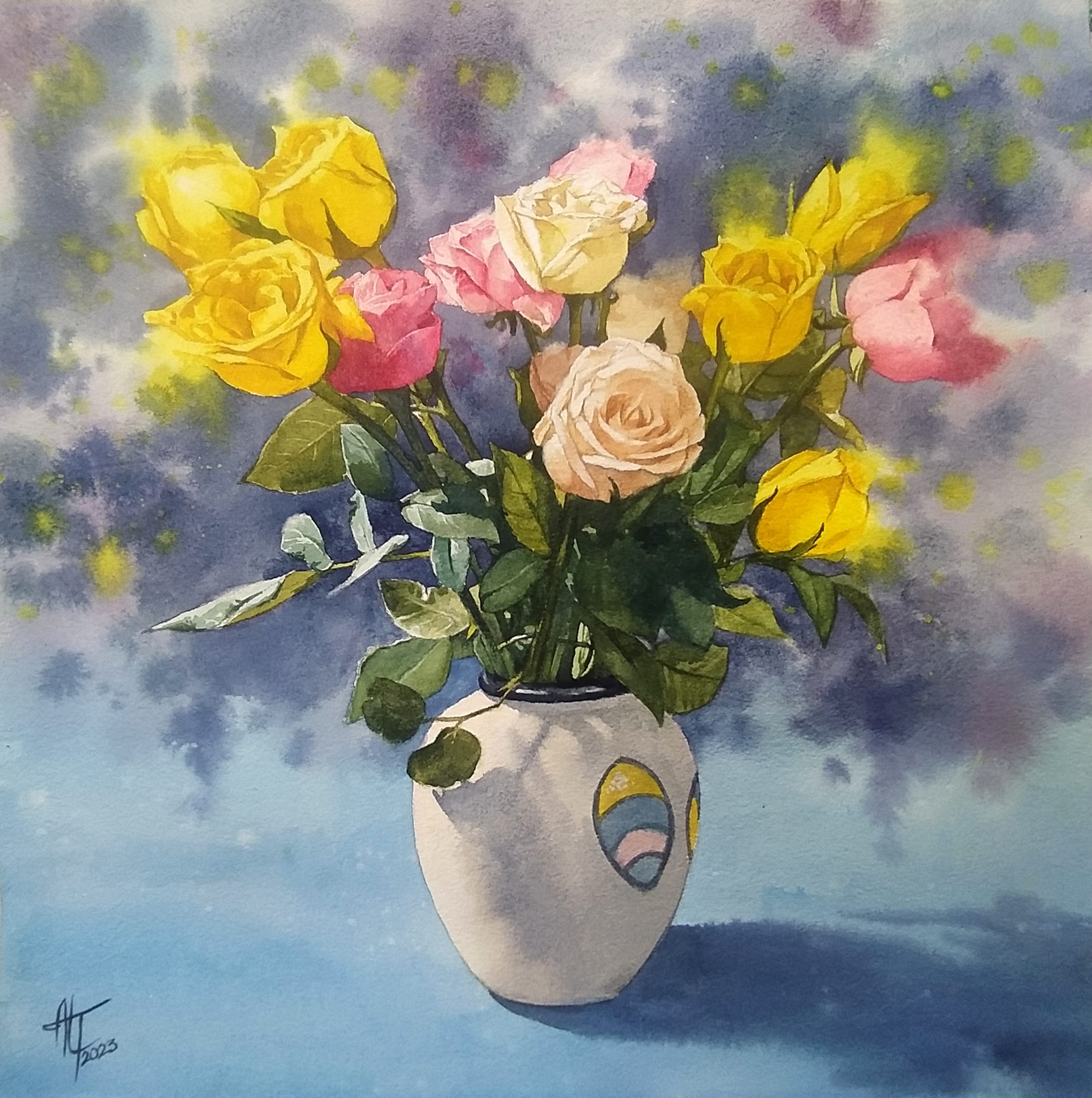 Myanmar watercolor roses by Khin Moe Pwint