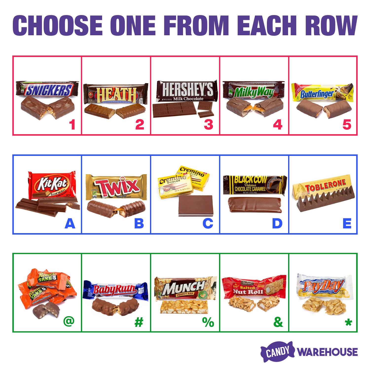 Candy - You can only have one candy bar from each row. Which ones will ...