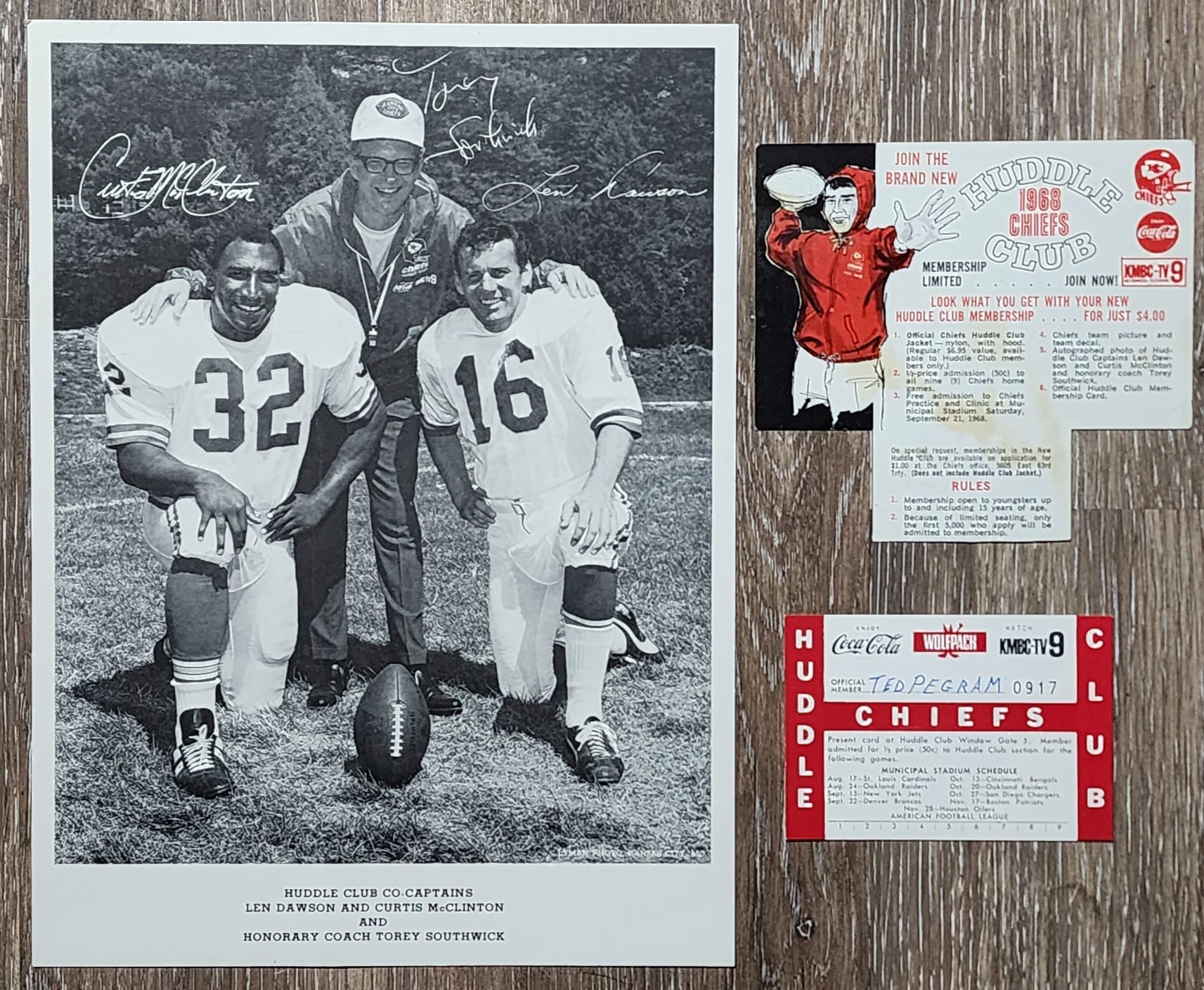 1968 Kansas City Chiefs Huddle Club pass with Curtis McClinton and 