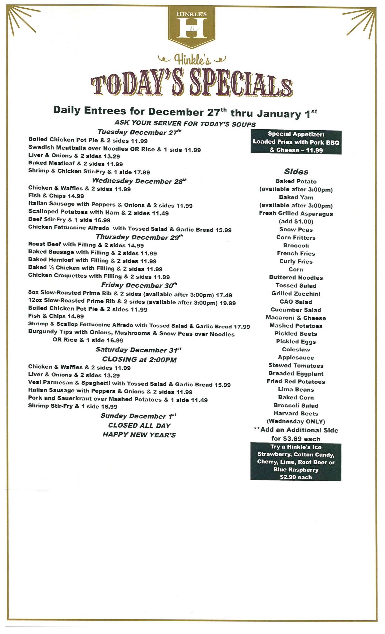 #Menu for December 27th thru January... - Hinkle's Restaurant | Facebook
