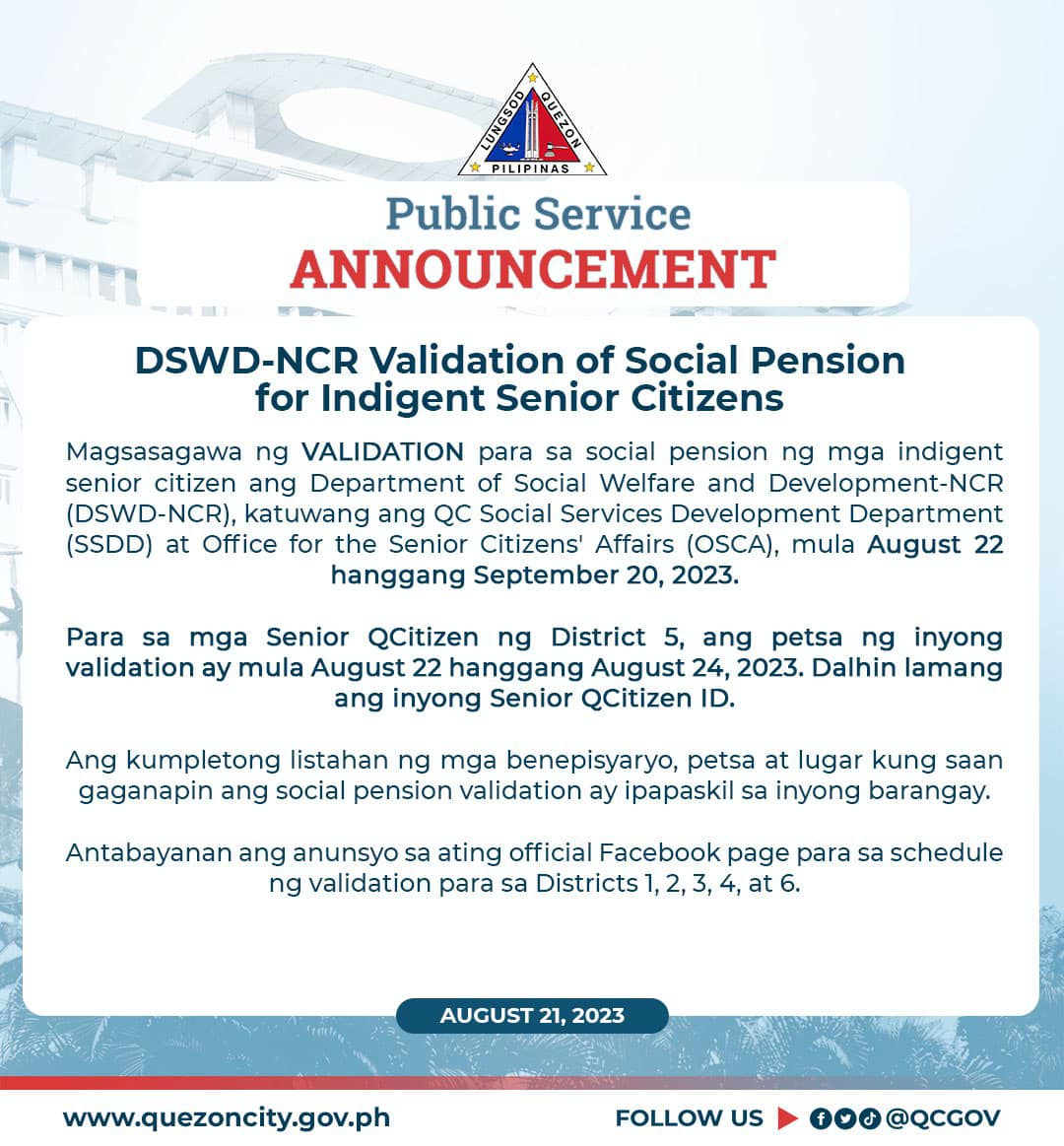 Quezon - Magsasagawa ng VALIDATION para sa social pension ng mga ...