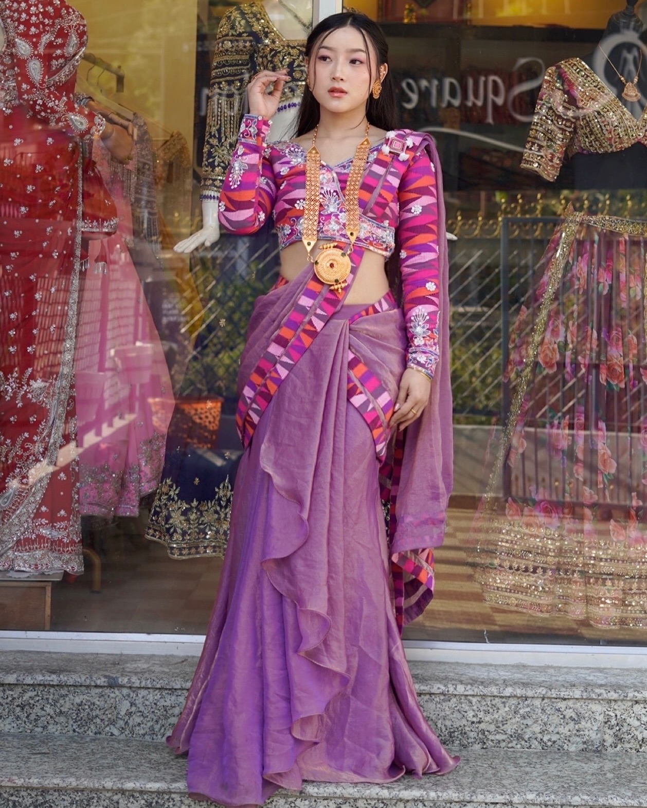 limbu dress design Divyana is wearing Culture set in New ( Dhaka Sare )with combination of hand worked Cholo and Limbu ornaments @divyana_phago Colour & size can be change according to customer choice Color:Pale Gold GEMY SS24- 25% Blue Latex Dress - Limbu couple