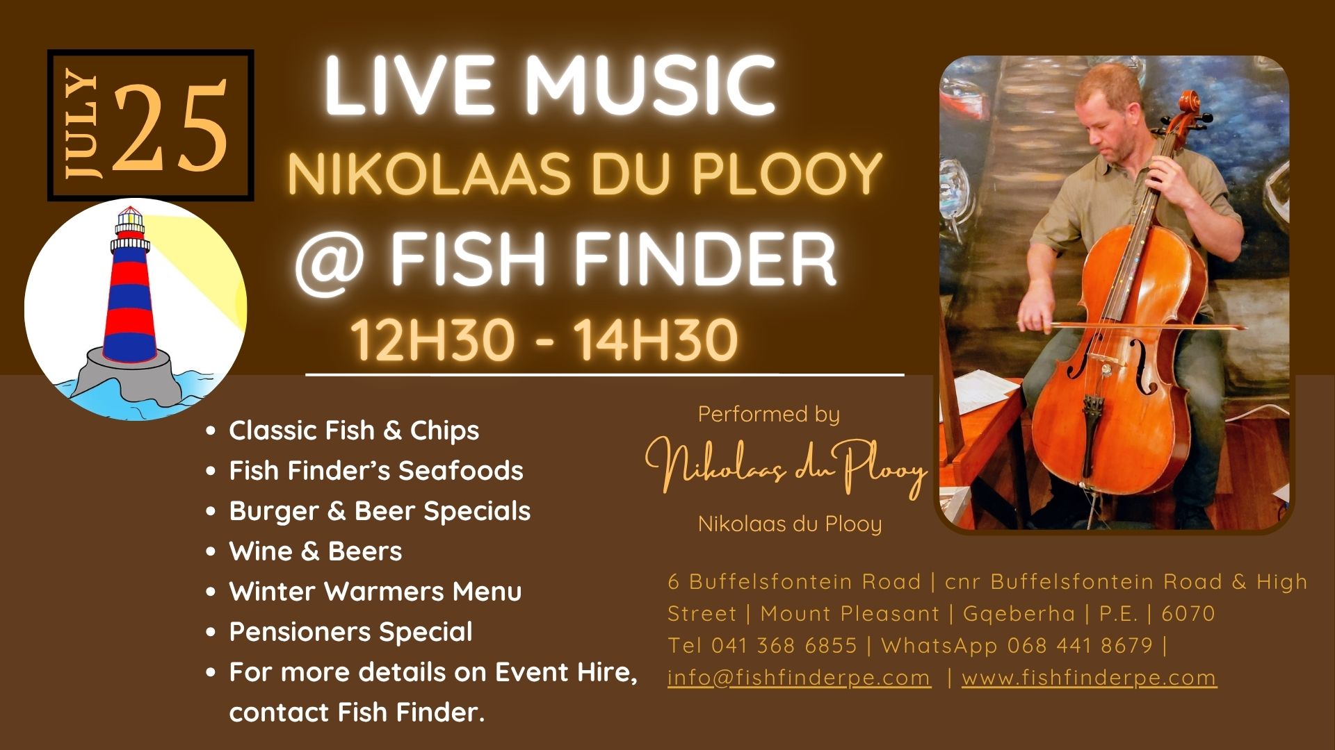 Live Music by Niko on his cello @ Fish Finder