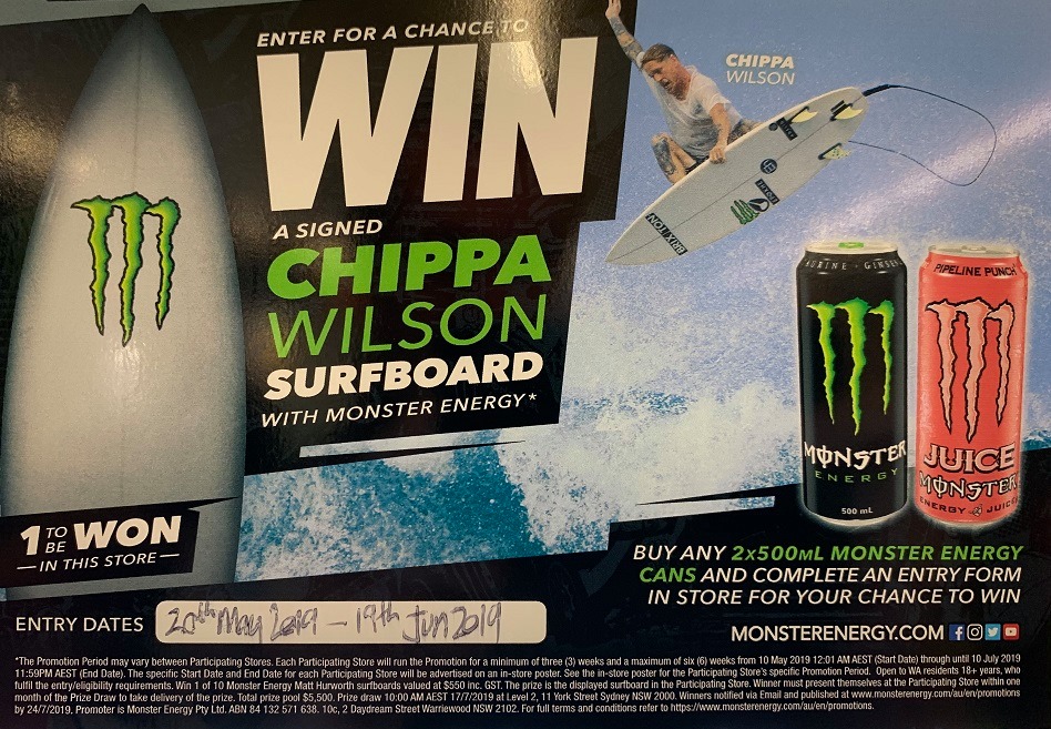 WIN with Monster Energy. CHIPPA WILSON signed surfboard up for