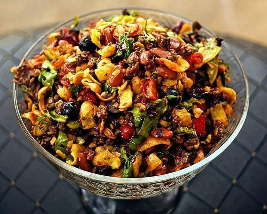 layered taco salad with catalina dressing HOMEMADE DRESSING** **I cooked my red beans with a little cumin and black pepper and drained completely.** **1lb. of ground beef and I added 2T of homemade 1692